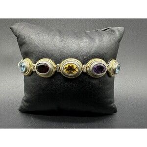 Sterling Silver 14k Gold Multi Gemstone Bracelet 7.25"~Garnet~Citrine~Amethyst